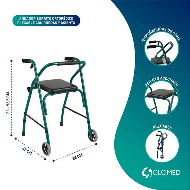 Andador Burrito Ortopédico Plegable Con Ruedas Y Asiento 3