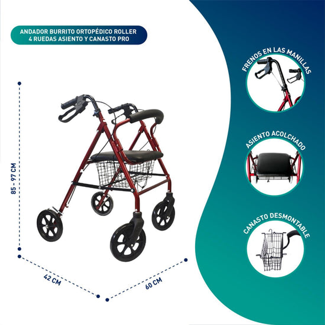Andador Burro Ortopédico 4 Ruedas - Asiento y Canasto PRO 2