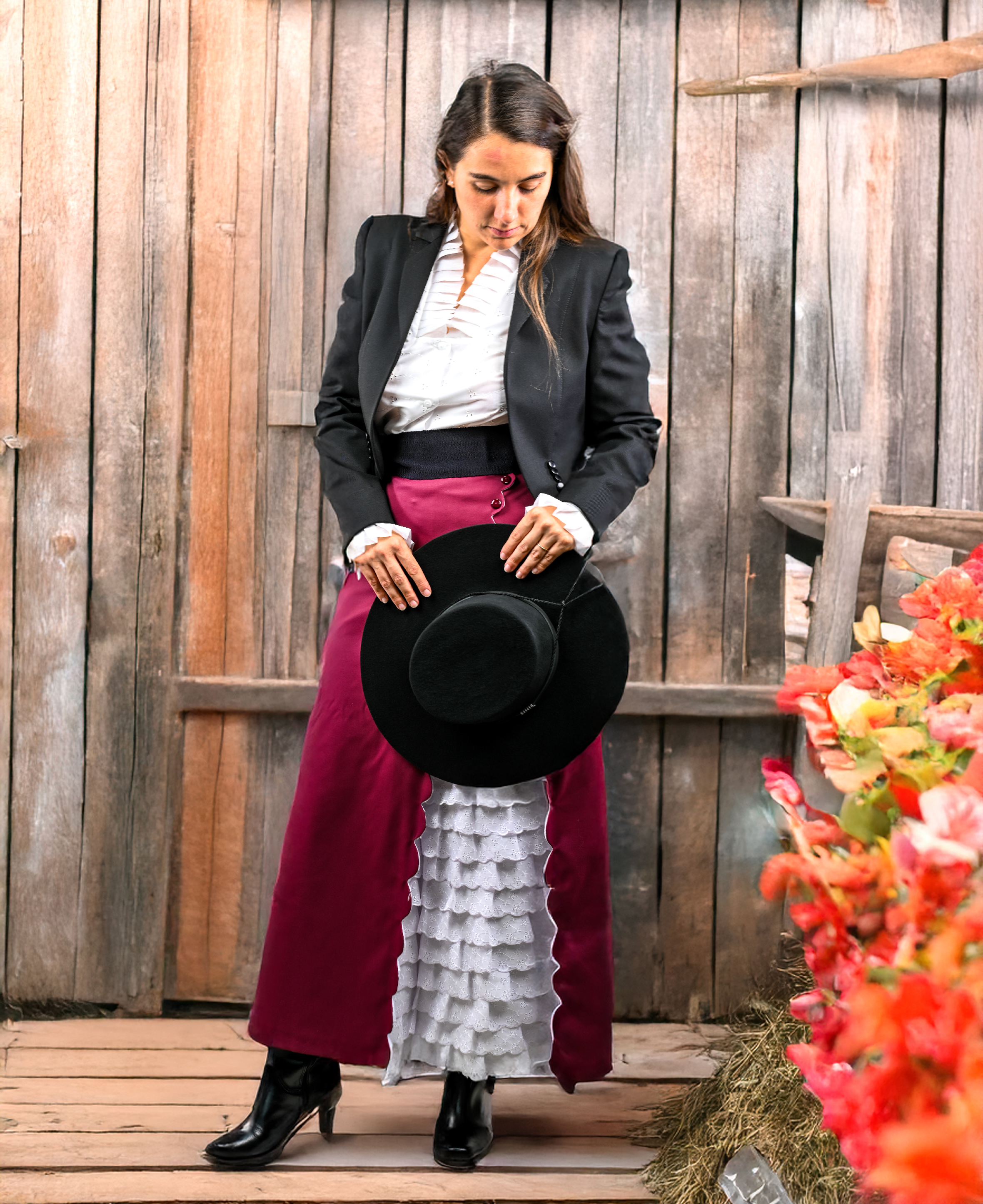 Ropón de Huasa Elegante Burdeo con Chaqueta Negra Catron imagen 2