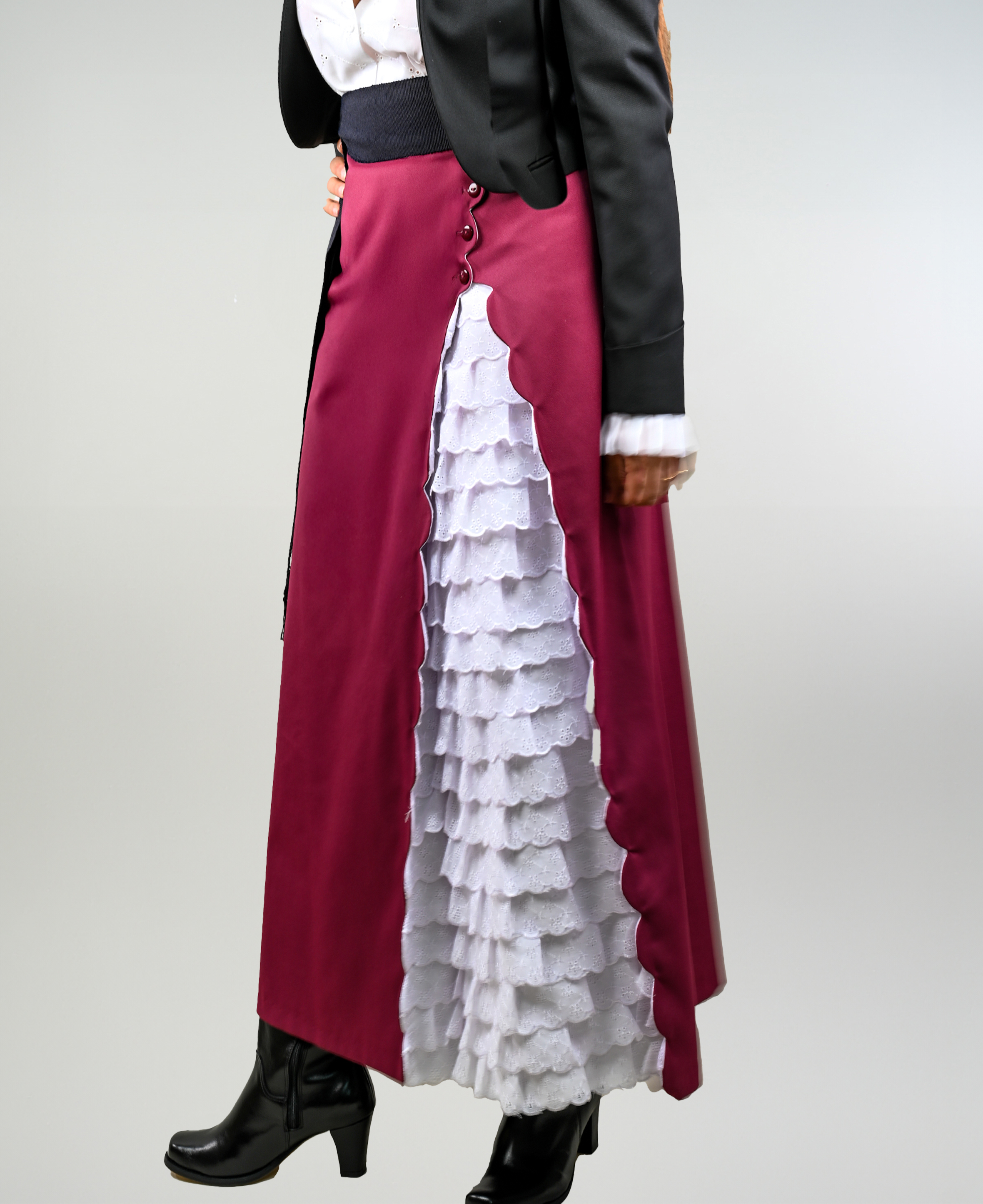 Falda de Huasa Elegante Burdeo Broderie Blanco Catron imagen 2