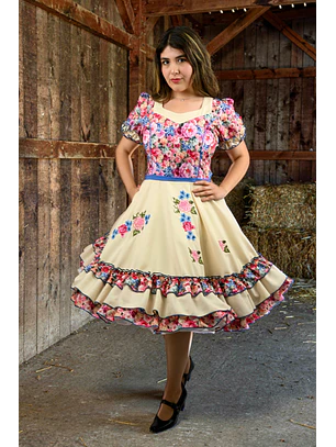 Vestido de China Beige con Flores Catron – Primavera Corralera