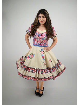 Vestido de China Beige con Flores Catron – Primavera Corralera