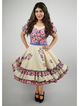 Vestido de China Beige con Flores Catron – Primavera Corralera
