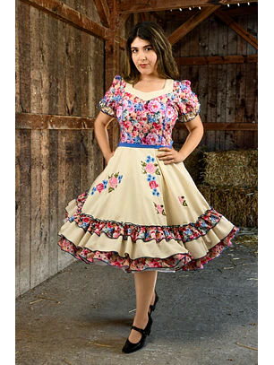 Vestido de China Beige con Flores Catron – Primavera Corralera