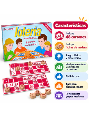 Lotería de Madera con 48 Cartones y Fichas de Madera