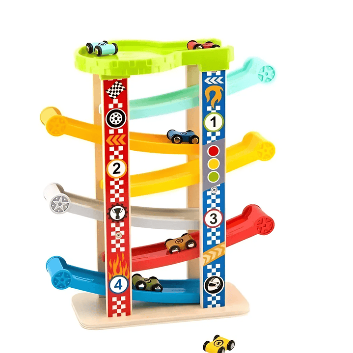 Torre Deslizante + 6 Mini Autos Madera Didáctico Tooky Toy 2