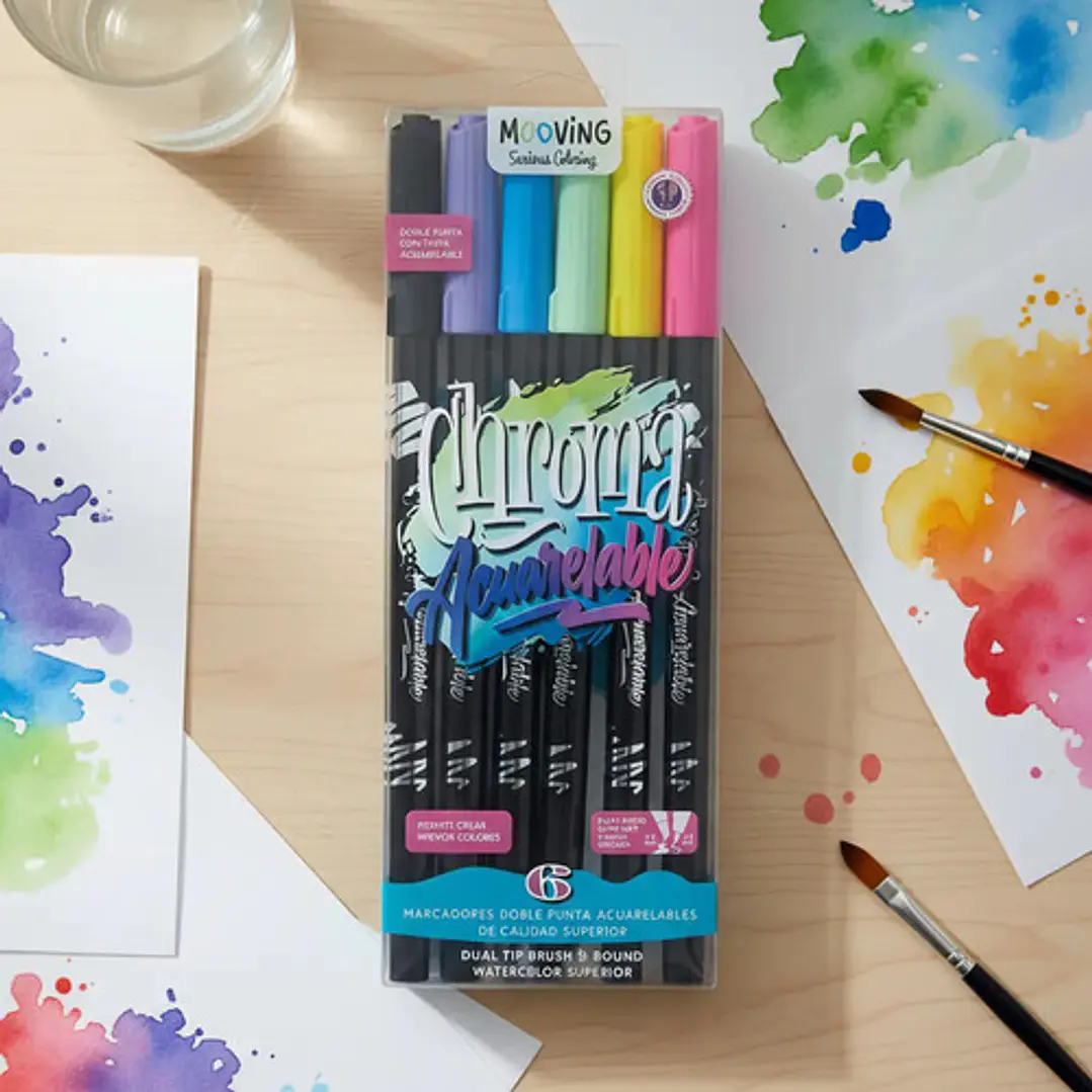 Marcadores Doble Punta Mooving Chroma Acuarelables X 6 Colores Surtidas 10