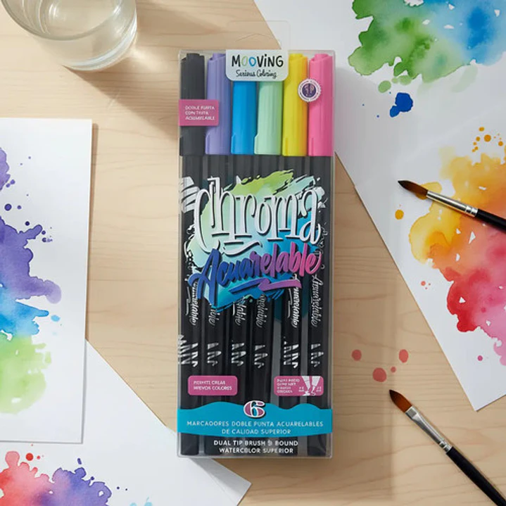 Marcadores Doble Punta Mooving Chroma Acuarelables X 6 Colores Surtidas 10