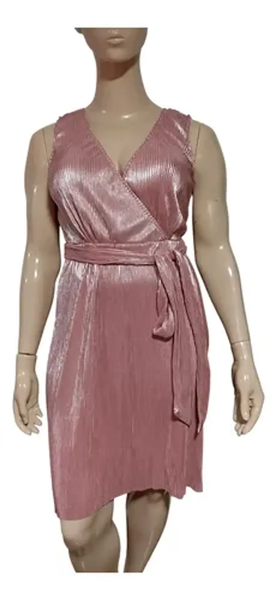 Vestido Formal - Fiesta Midi Plisado Rosa Metalizado Talla L 2