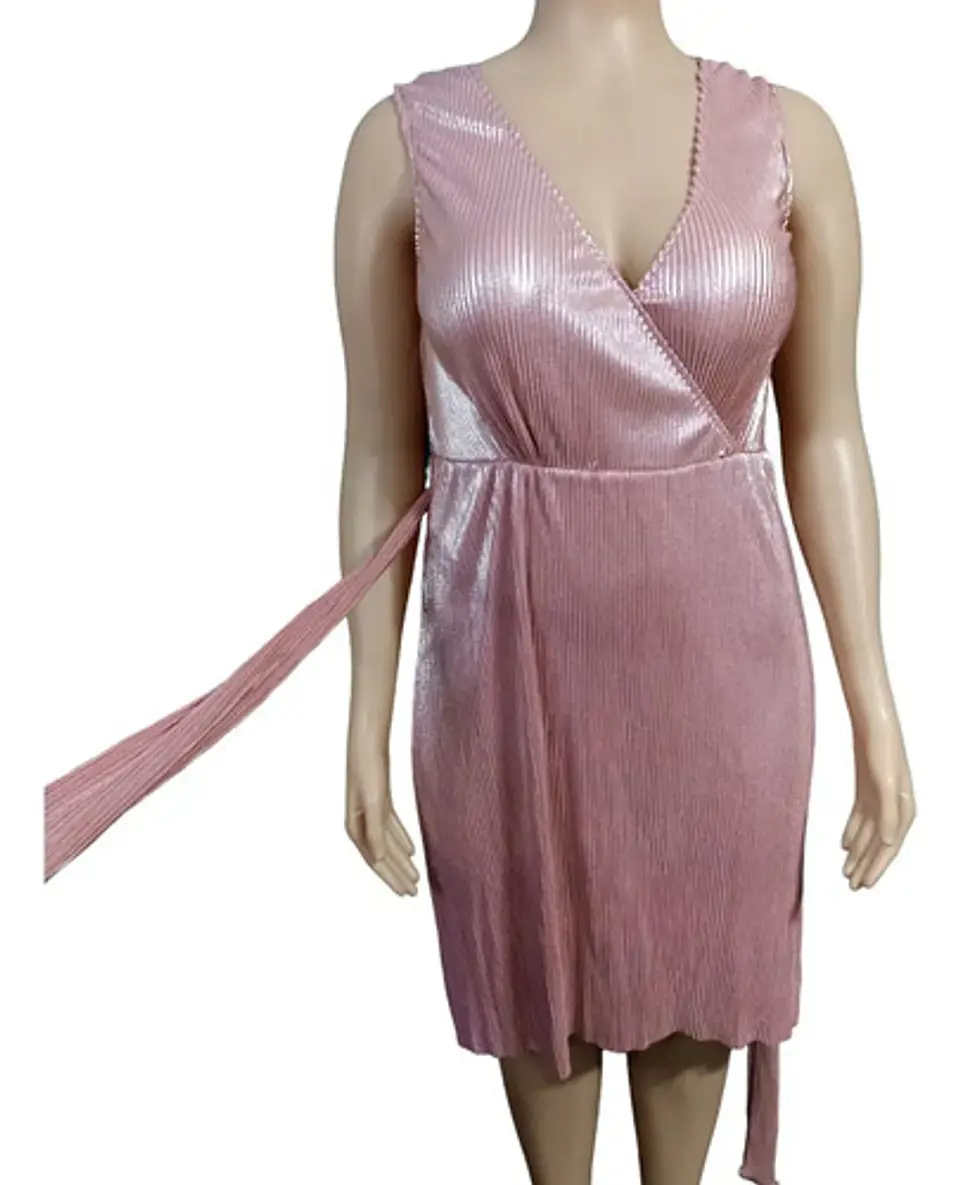 Vestido Formal - Fiesta Midi Plisado Rosa Metalizado Talla L 5