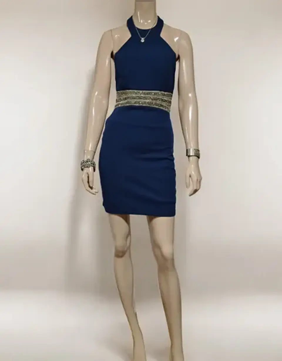Vestido De Fiesta Corto Cuello Halter Cintura Strass - Talla S 2