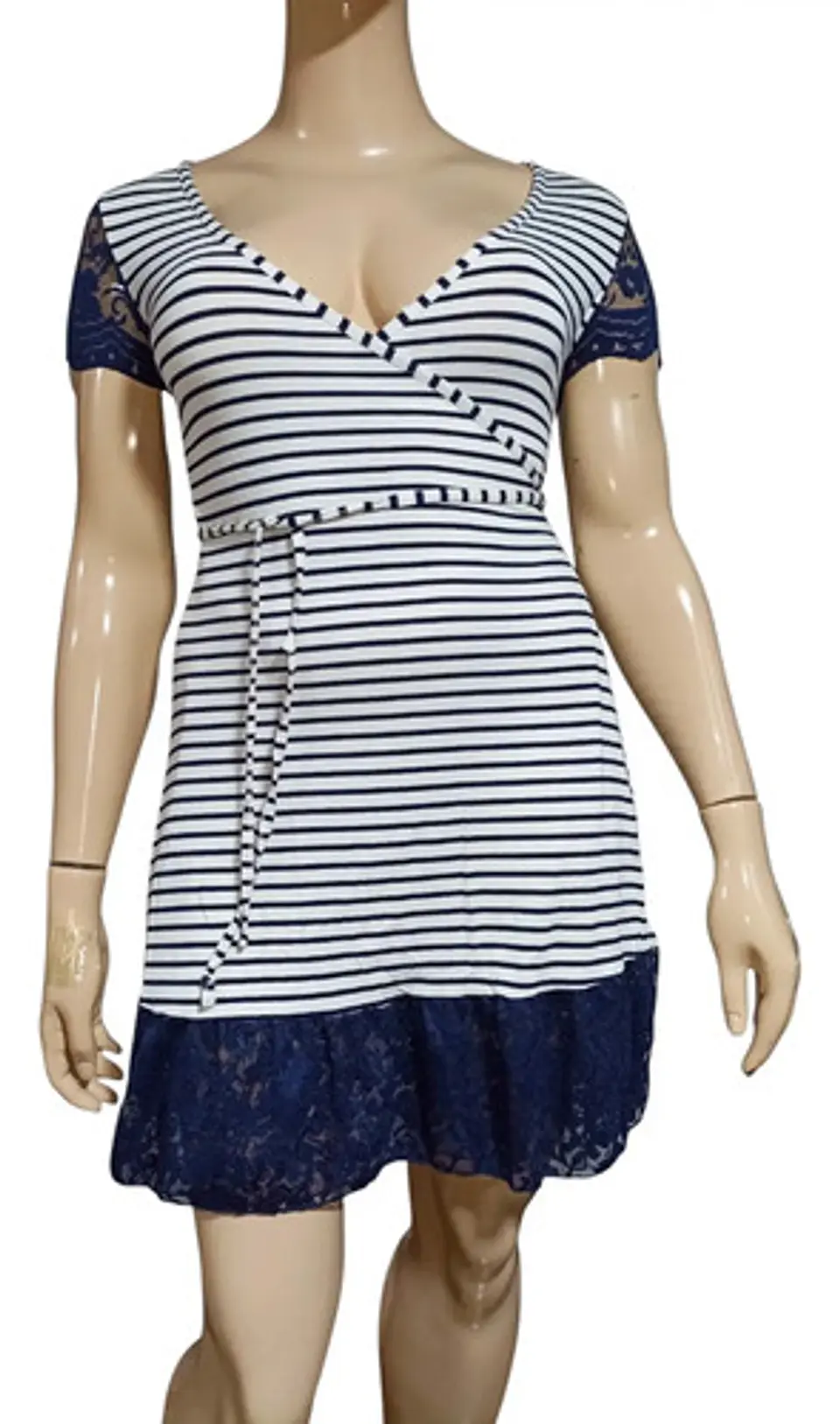 Vestido Cruzado Didi A Rayas Azules Blancas Y Encaje Talla M 2