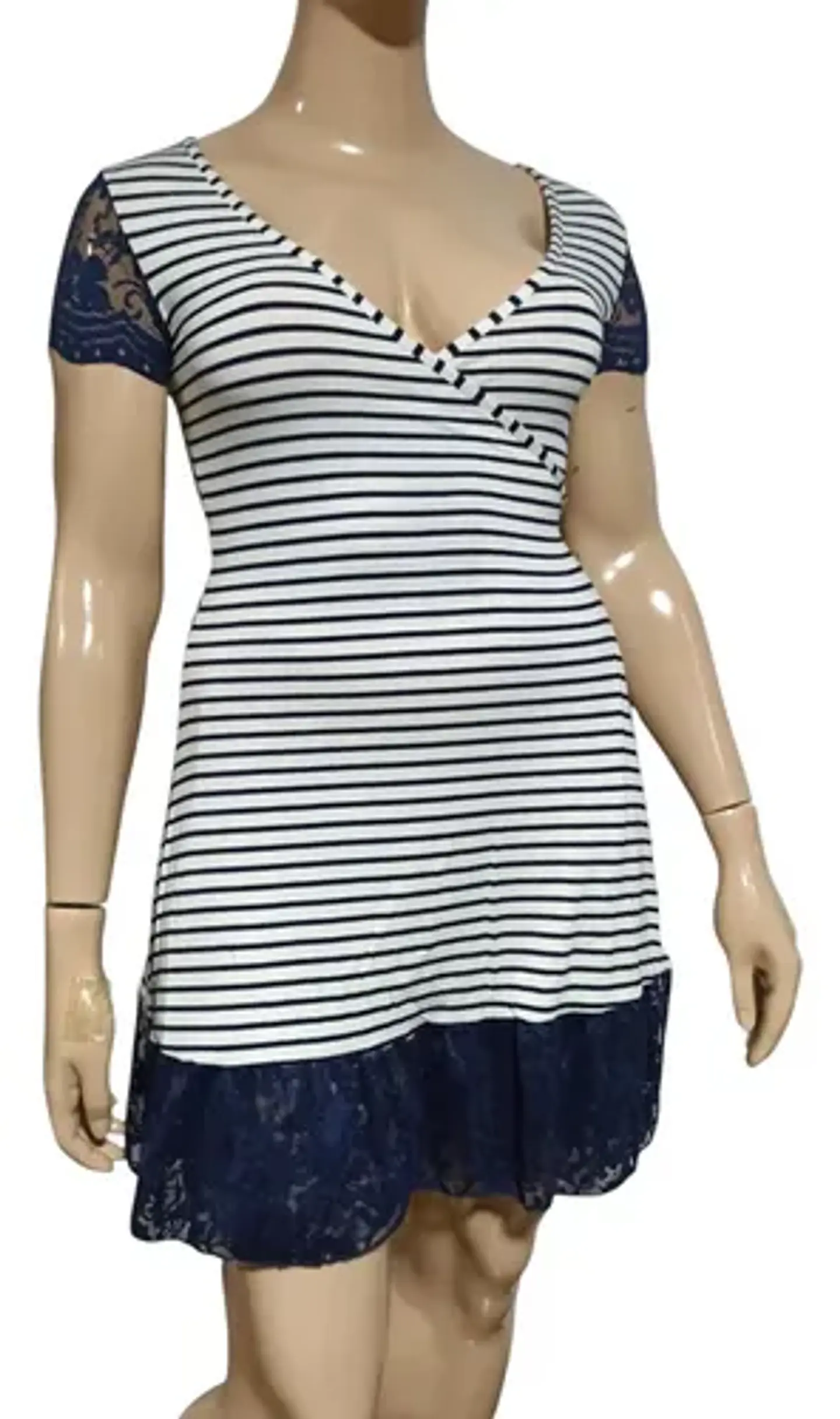 Vestido Cruzado Didi A Rayas Azules Blancas Y Encaje Talla M 4