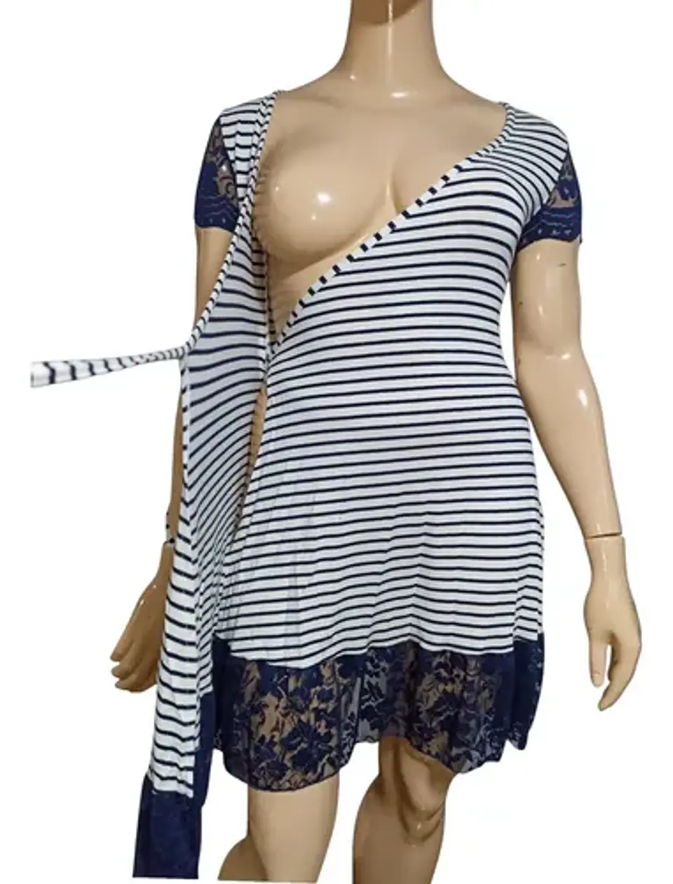 Vestido Cruzado Didi A Rayas Azules Blancas Y Encaje Talla M 6