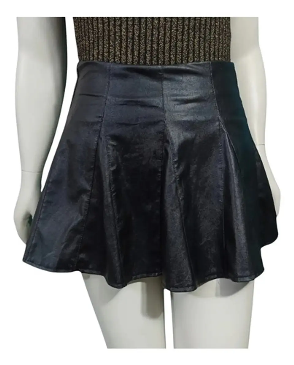 Mini Falda Negra De Cuero Sintético Con Vuelos - Talla M 4