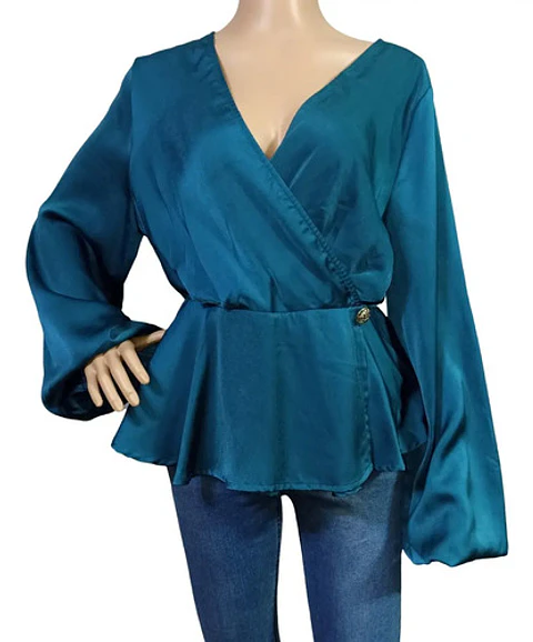 Blusa Peplum Satinada Manga Larga Obispo Shein Talla XL