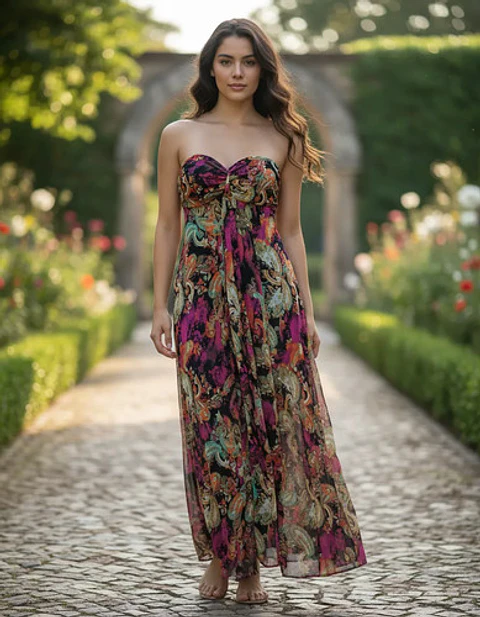 Maxi Vestido Floral Strapless Mujer Talla M