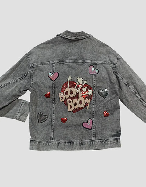 Chaqueta de Mezclilla con Parches de Lentejuelas H & M Talla 10-12