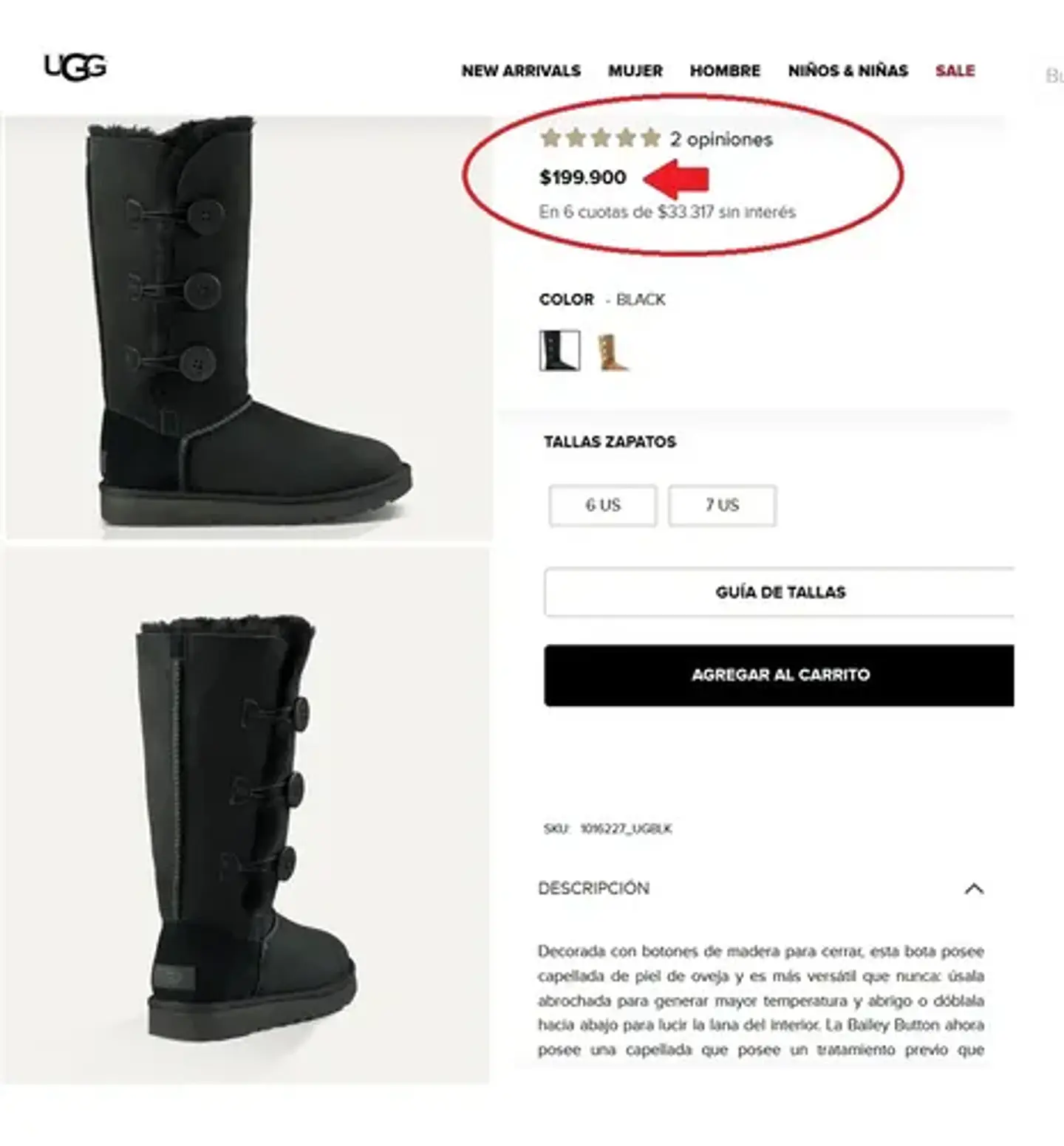 Bota UGG Bailey Button Triplet - Talla 35.5 10
