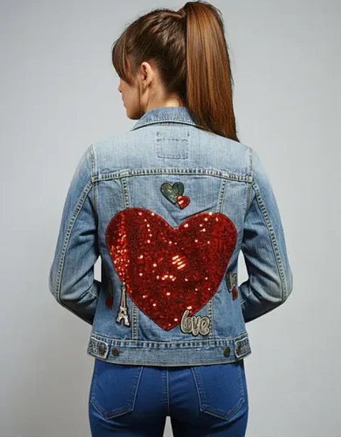 Chaqueta de Mezclilla con Parches de Lentejuelas - Talla S