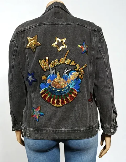 Chaqueta de Mezclilla Unisex Diseño Platillo Volador Lentejuelas - Talla XL