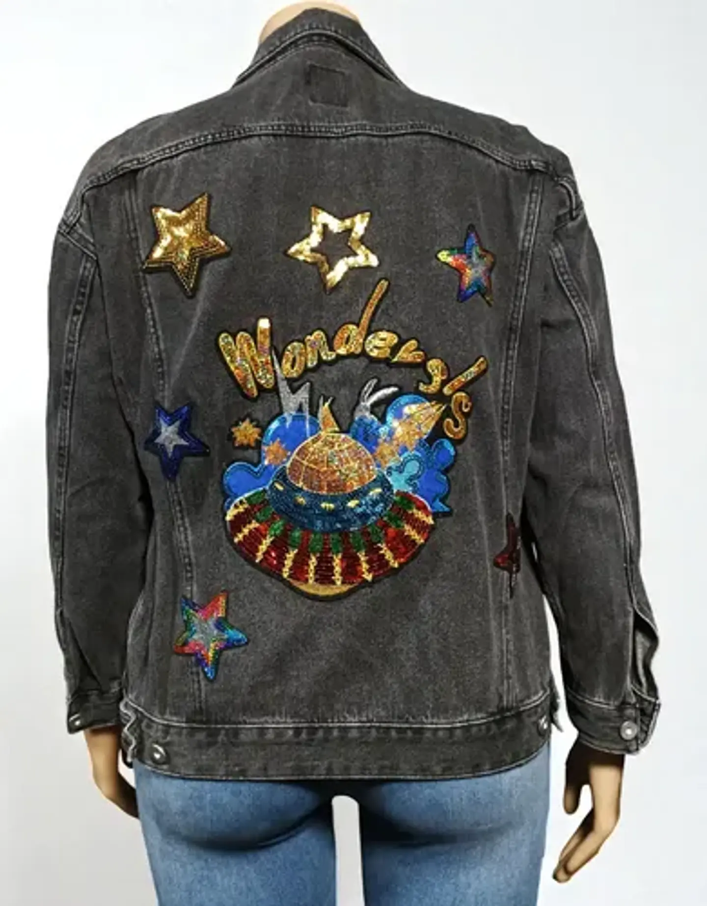 Chaqueta de Mezclilla Unisex Diseño Platillo Volador Lentejuelas - Talla XL 1