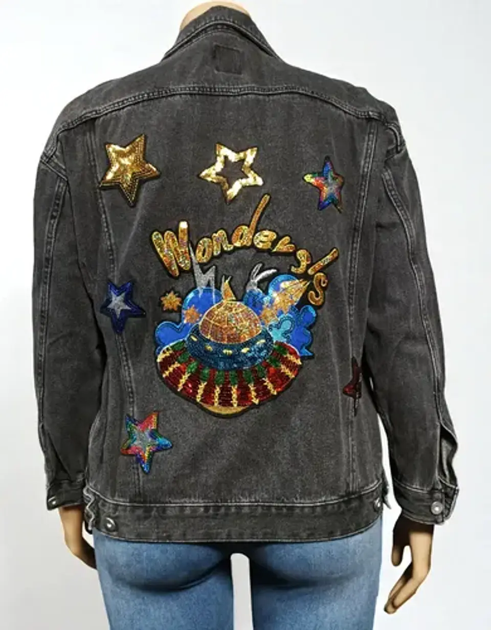 Chaqueta de Mezclilla Unisex Diseño Platillo Volador Lentejuelas - Talla XL 1
