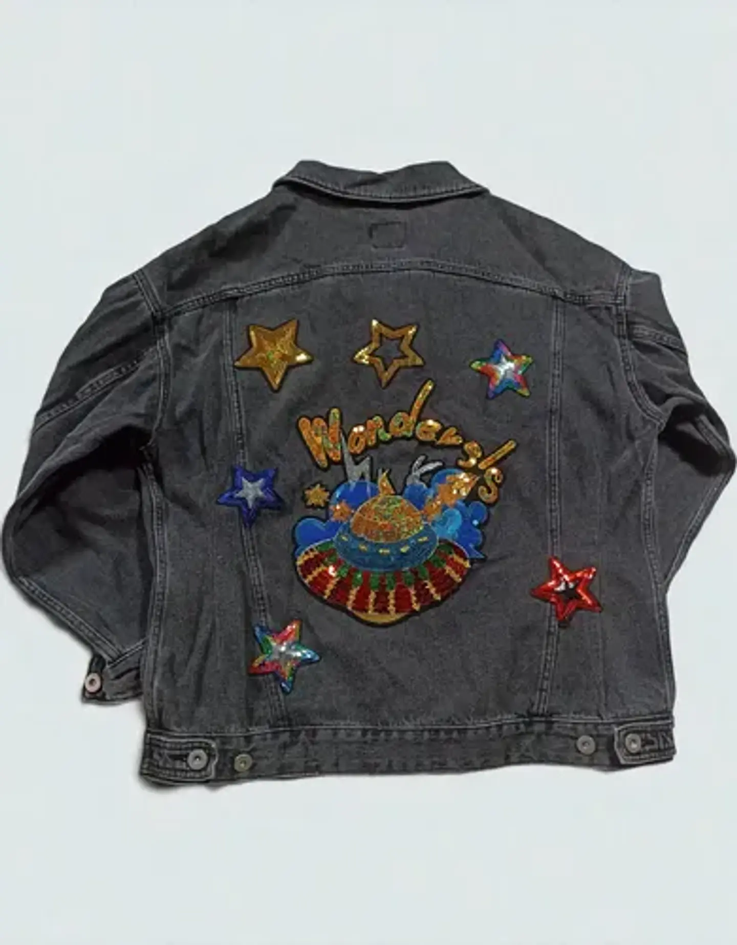 Chaqueta de Mezclilla Unisex Diseño Platillo Volador Lentejuelas - Talla XL 3