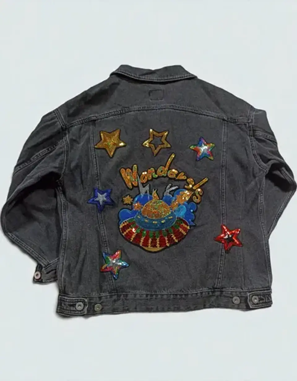 Chaqueta de Mezclilla Unisex Diseño Platillo Volador Lentejuelas - Talla XL 3
