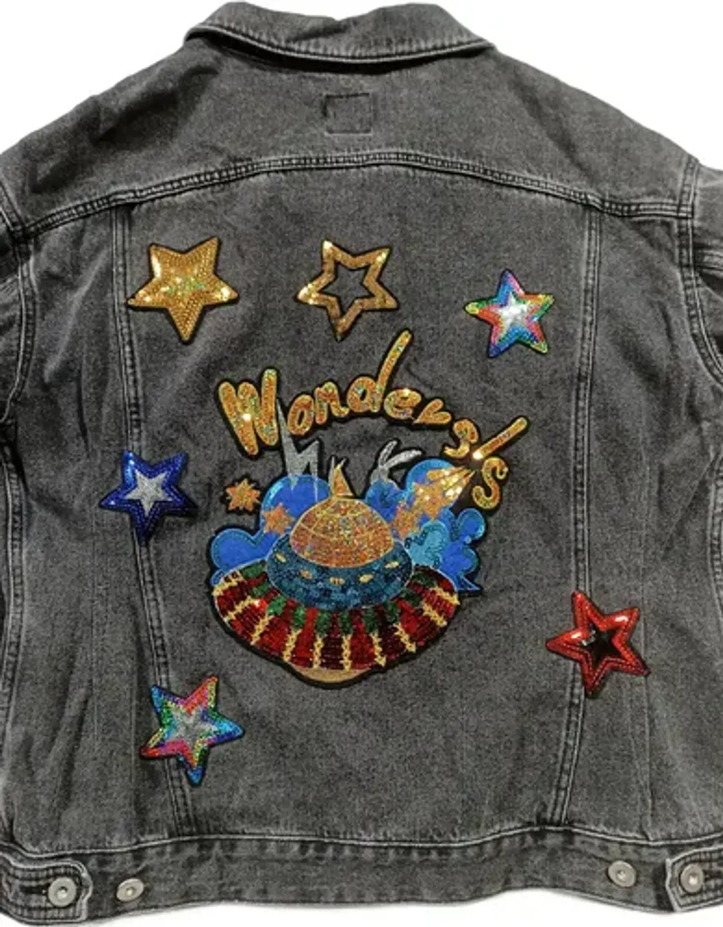 Chaqueta de Mezclilla Unisex Diseño Platillo Volador Lentejuelas - Talla XL 6