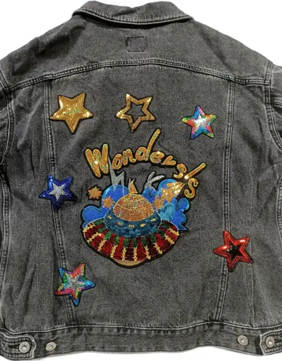 Chaqueta de Mezclilla Unisex Diseño Platillo Volador Lentejuelas - Talla XL 6