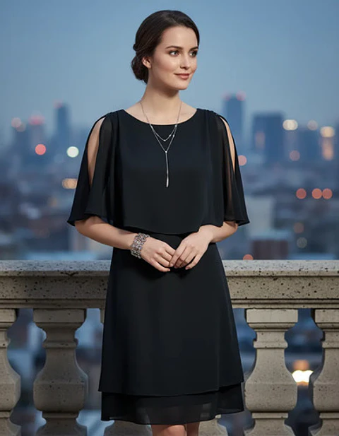 Vestido De Fiesta Negro De Gasa Con Capa Superior - Talla S