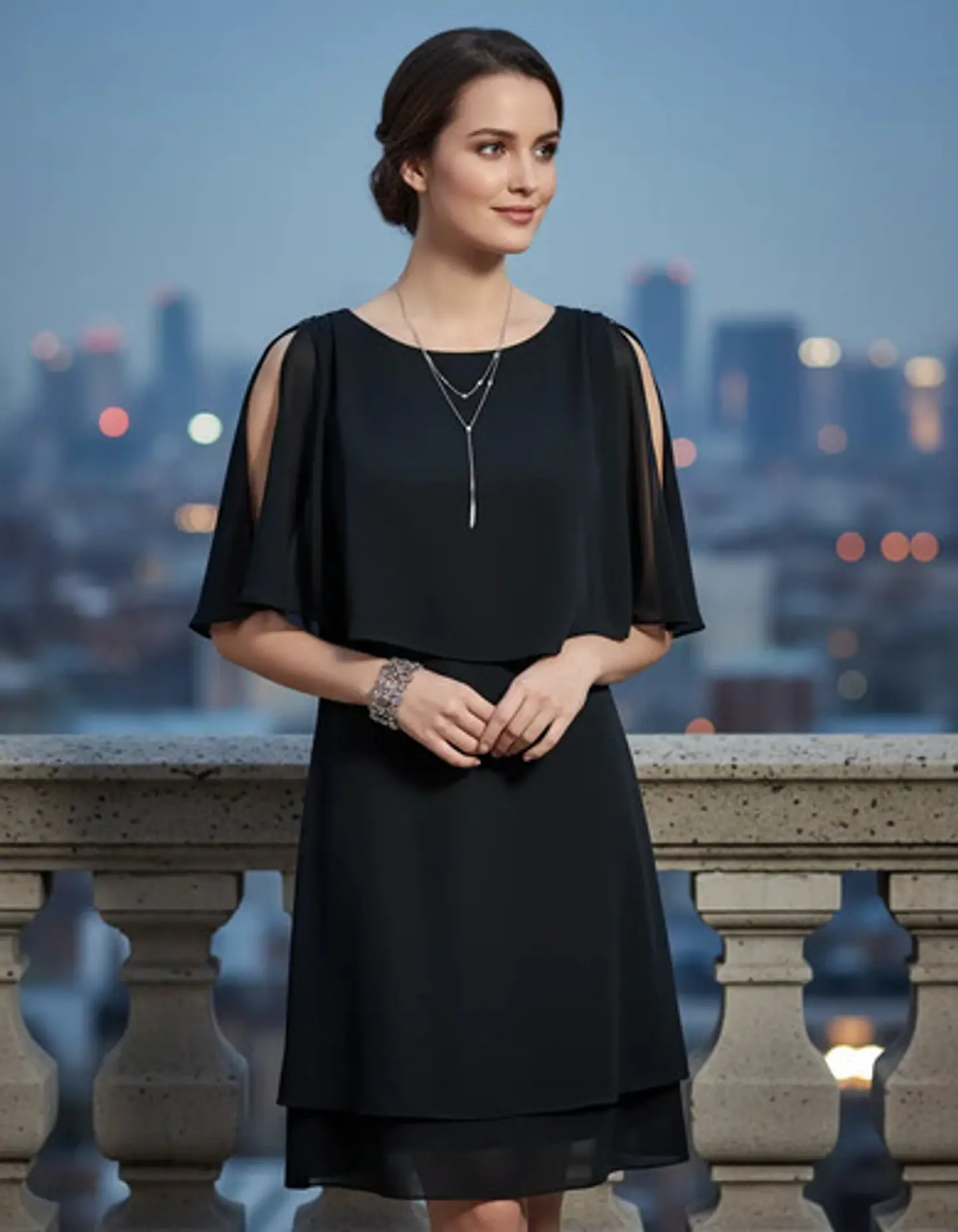 Vestido De Fiesta Negro De Gasa Con Capa Superior - Talla S 1