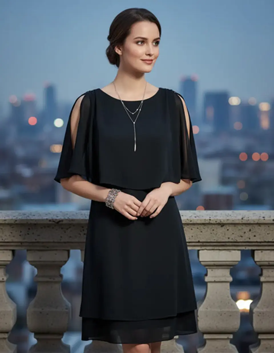 Vestido De Fiesta Negro De Gasa Con Capa Superior - Talla S 1