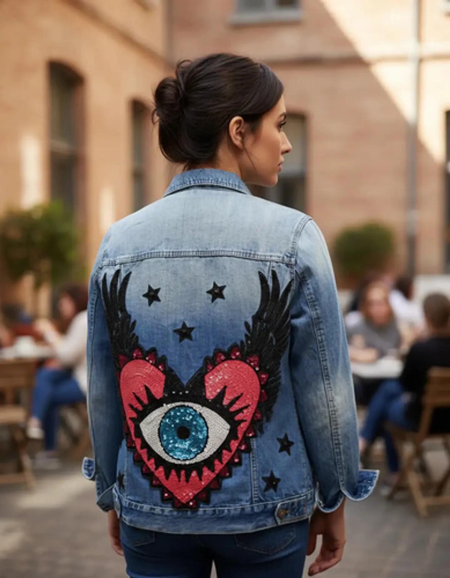 Chaqueta de Mezclilla Con Ojo Turco de Lentejuelas Unisex - Talla L 1