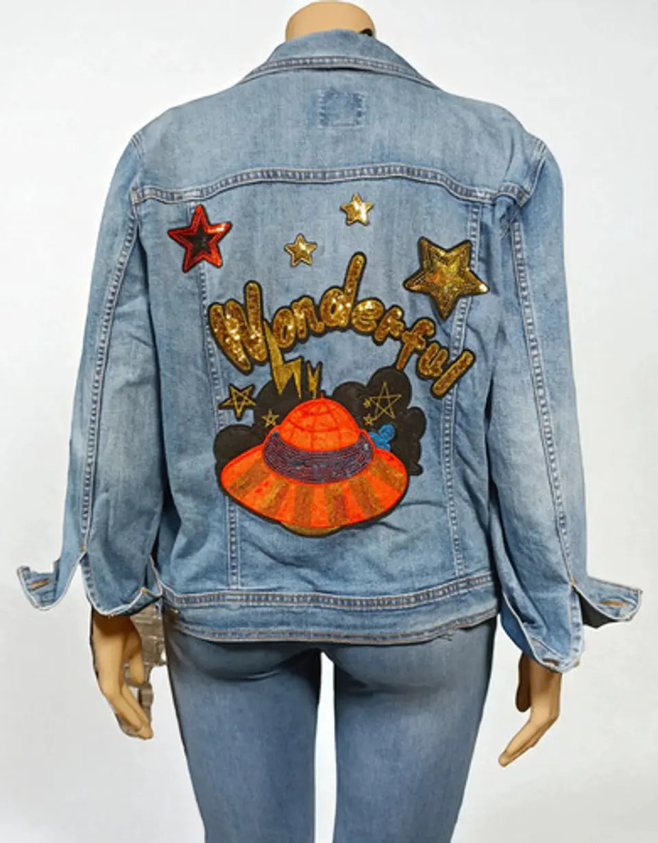 Chaqueta de Mezclilla Old Navy Unisex Personalizada Platillo Volador Lentejuelas Talla 2XL 1