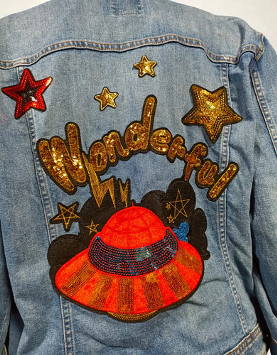 Chaqueta de Mezclilla Old Navy Unisex Personalizada Platillo Volador Lentejuelas Talla 2XL 4
