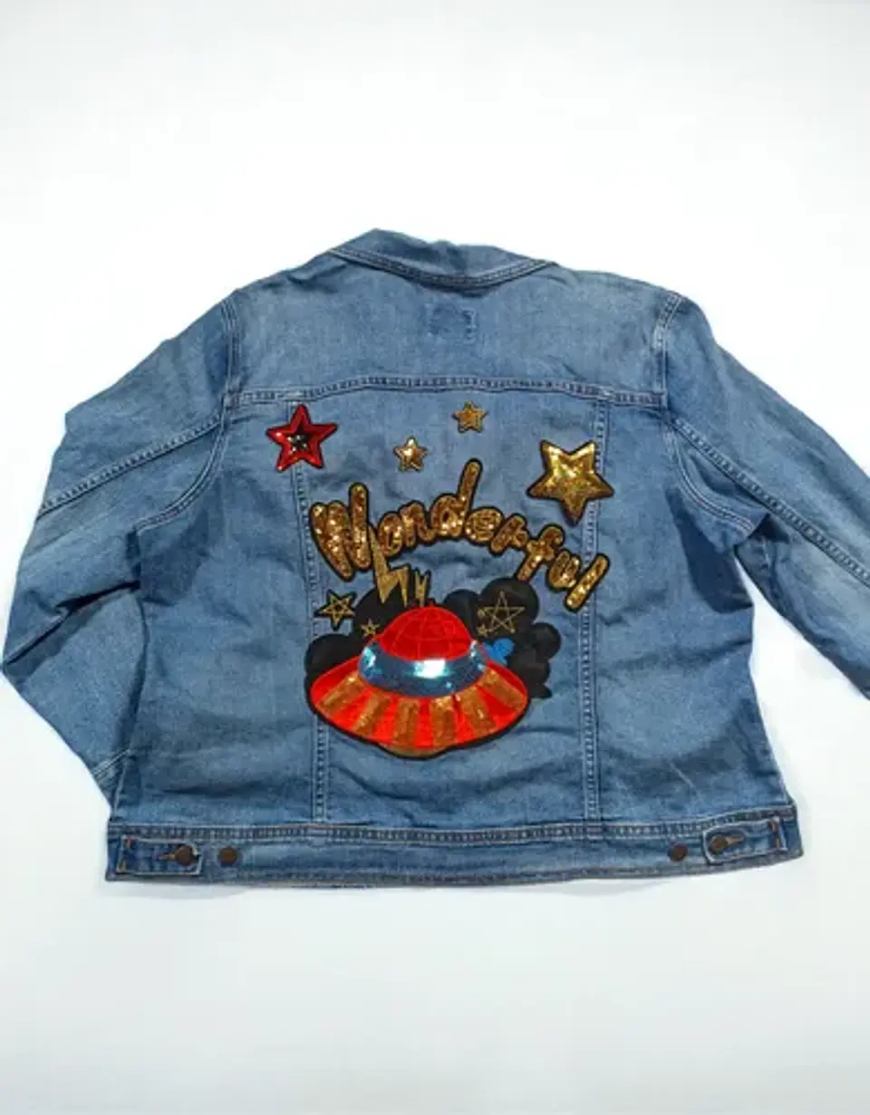 Chaqueta de Mezclilla Old Navy Unisex Personalizada Platillo Volador Lentejuelas Talla 2XL 6
