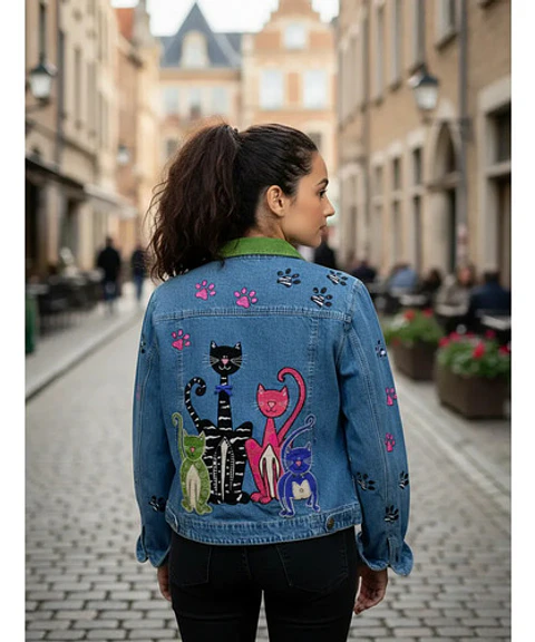 Chaqueta Vintage de Mezclilla Con Aplicaciones Bordadas De Gatos
