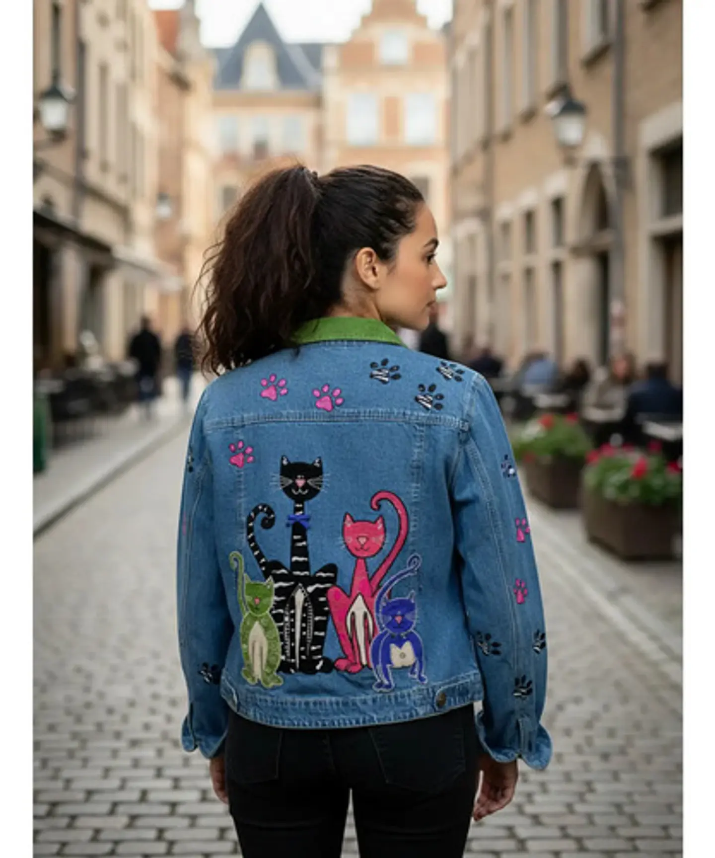 Chaqueta Vintage de Mezclilla Con Aplicaciones Bordadas De Gatos 1