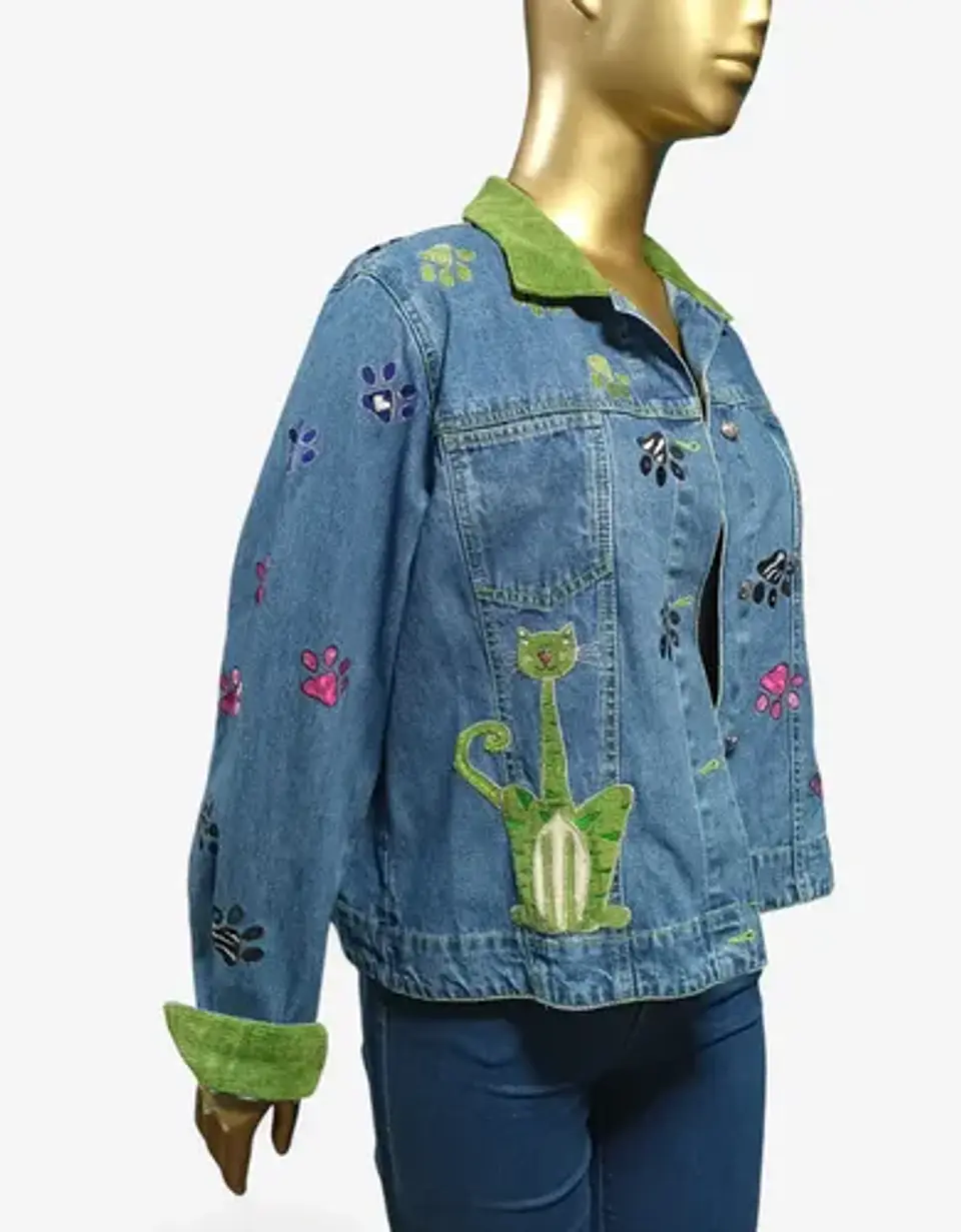 Chaqueta Vintage de Mezclilla Con Aplicaciones Bordadas De Gatos 2