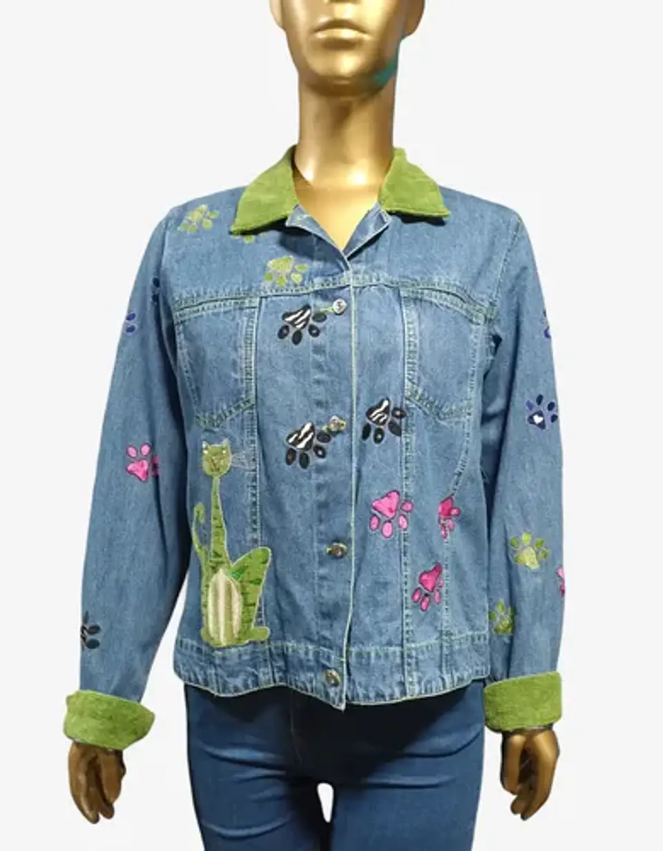 Chaqueta Vintage de Mezclilla Con Aplicaciones Bordadas De Gatos 3