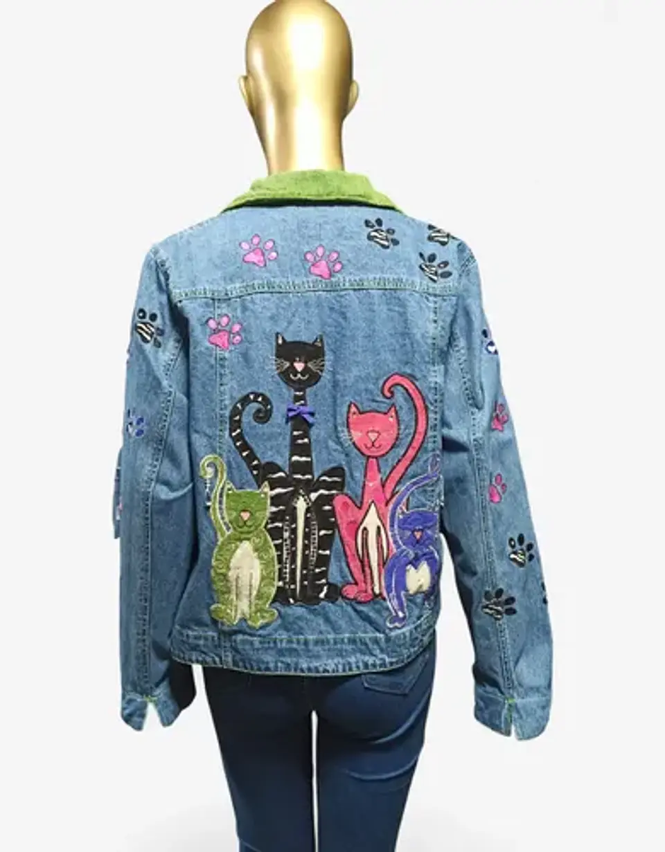 Chaqueta Vintage de Mezclilla Con Aplicaciones Bordadas De Gatos 4