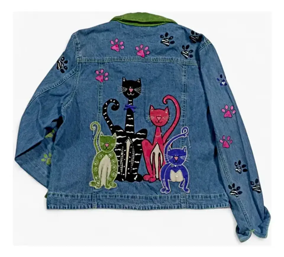 Chaqueta Vintage de Mezclilla Con Aplicaciones Bordadas De Gatos 6