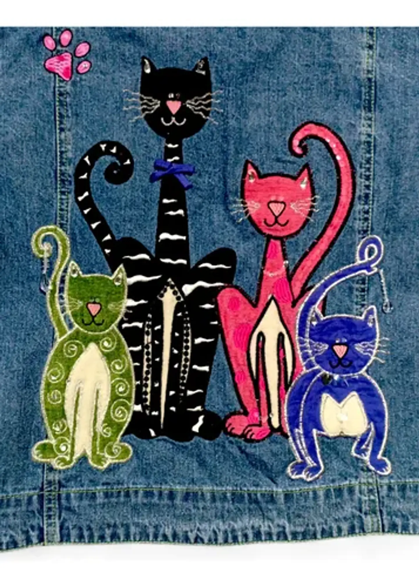 Chaqueta Vintage de Mezclilla Con Aplicaciones Bordadas De Gatos 7