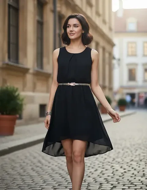 Vestido Negro Formal De Gasa Chiffon Asimétrico - Talla M