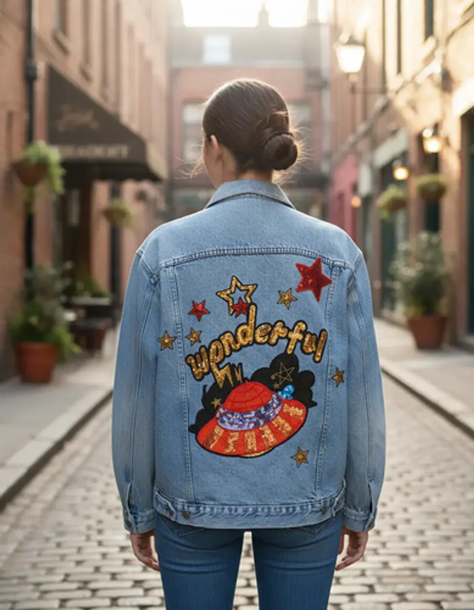 Chaqueta de Mezclilla Unisex Oversize Con Parches de Lentejuelas Diseño Platillo Volador 2