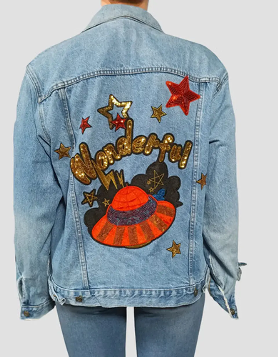 Chaqueta de Mezclilla Unisex Oversize Con Parches de Lentejuelas Diseño Platillo Volador 6