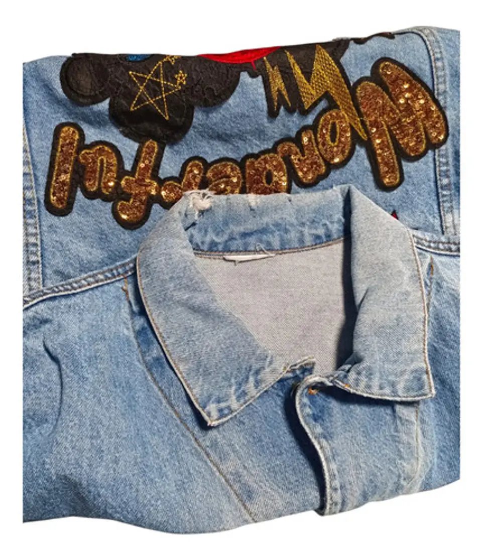 Chaqueta de Mezclilla Unisex Oversize Con Parches de Lentejuelas Diseño Platillo Volador 10