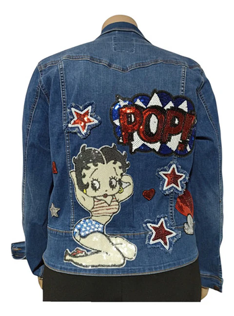Chaqueta de Mezclilla Personalizada con Lentejuelas Diseño Betty Boop - Talla XL